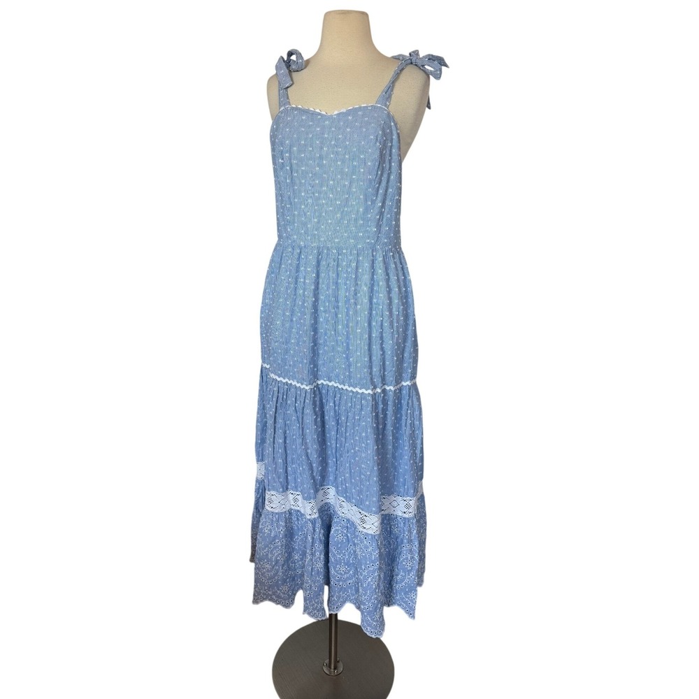 Shabby Chic Mommy & Me Blue Striped Swiss Dot Eyelet Lace Tiered Maxi Dress SZ 8